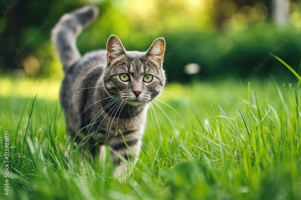 Gray tabby cat walking in green grass on nature
