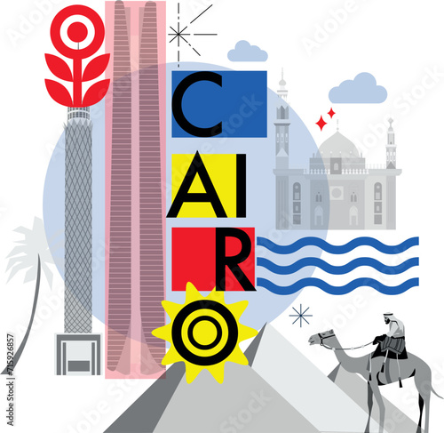 Typography word Cairo branding technology concept. Collection of flat vector web icons. Egypt culture travel set, architectures, specialties detailed silhouette. Doodle famous landmarks.