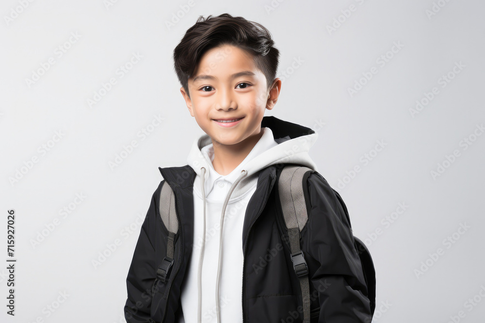 Asian chinese teenager boy with backpack over white background. Middle school smiling at camera Back to school. Copy space for advertising blank. Childhood, education, products for children Asian chinese teenager boy with backpack over white background. Middle school smiling at camera Back to school. Copy space for advertising blank. Childhood, education, products for children