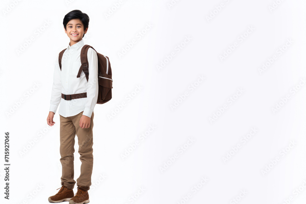 Middle-eastern school boy with backpack over white background. Middle school smiling at camera Back to school. Copy space for advertising blank. Childhood, education, products for children - obrazy, fototapety, plakaty 