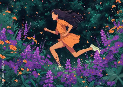 A vibrant, whimsical cartoon of a girl joyfully skipping through a lush flower garden, her colorful presence adding to the already beautiful painting