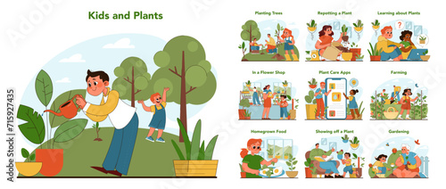 Kids and plants set. Boys and girls exploring nature with family members. Engaging children in botany through activities like gardening, farming, and using plant care apps. Flat vector illustration