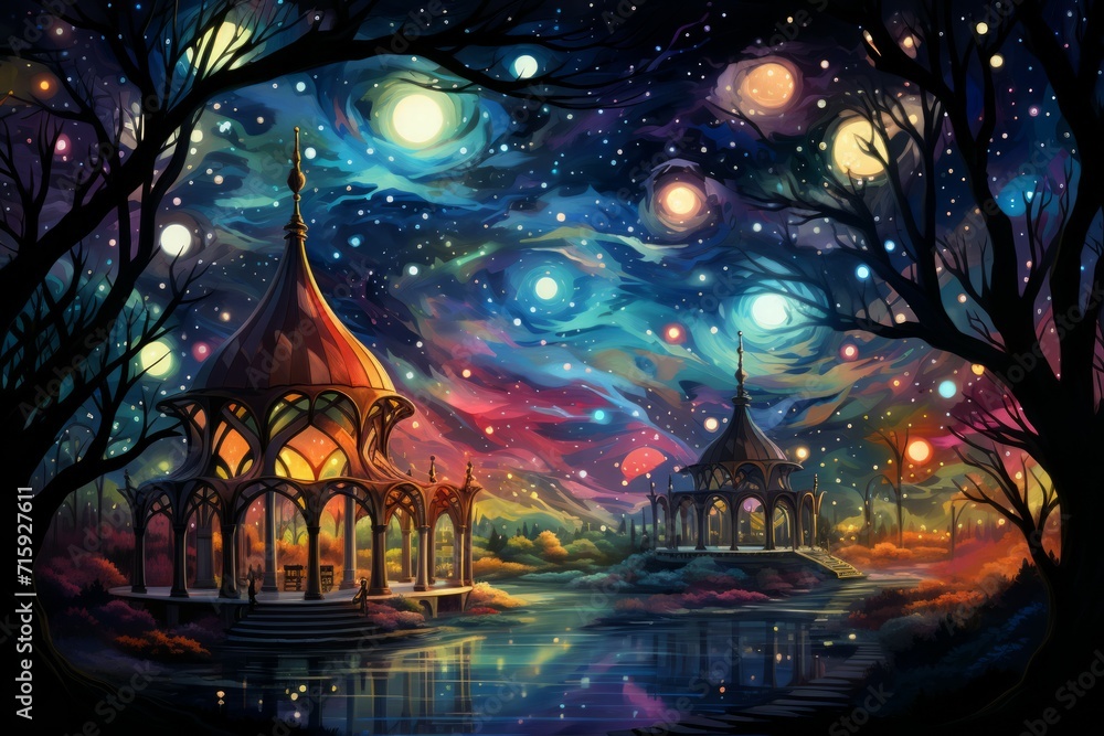 Naklejka premium Whimsical starlight gazebos - Generative AI