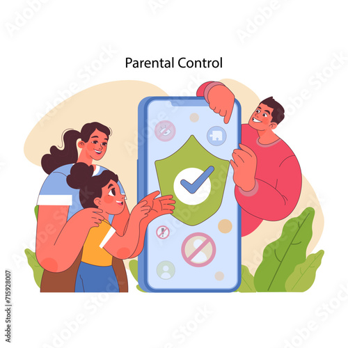 Parental control concept. Family using digital safety features to protect childs online experience. Engaging and educational approach to internet security. Flat vector illustration