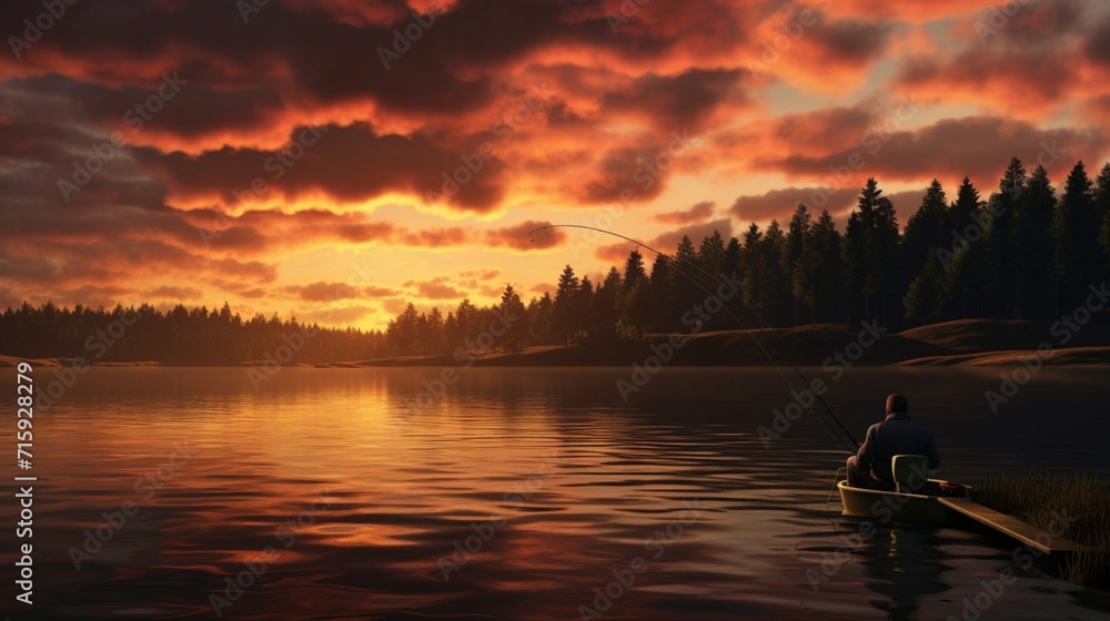 Fishing on the lake at sunset. Fishing background.