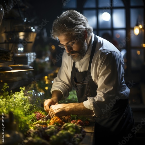 Night view and lighting Photo of a male chef cutting vegetables, beautiful shot generative AI © Saim Art