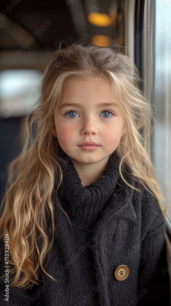 A little girl sitting on a train looking out the window A little girl sitting on a train looking out the window
