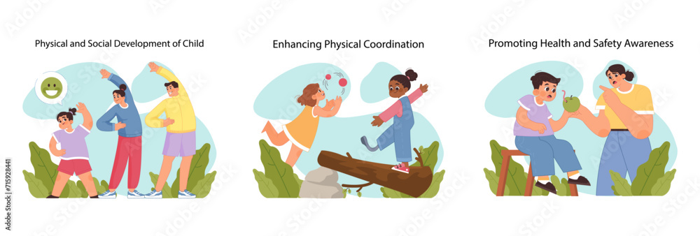 Child development set. Children in active play, balancing and parent teaching health with snack. Importance of kids physical growth. Parental support in health matters. Flat vector illustration