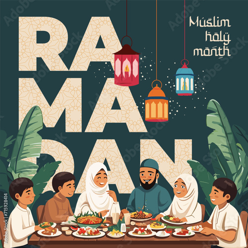 Islamic holy month Ramadan Kareem square banner. Muslim believers in arabic clothing family dinner. Eid Mubarak holiday greeting card. Islam celebration art concept. Vector eps illustration