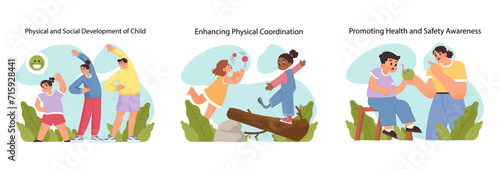 Child development set. Children in active play, balancing and parent teaching health with snack. Importance of kids physical growth. Parental support in health matters. Flat vector illustration