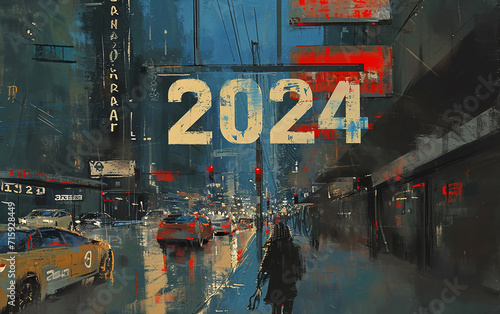 Texto "2024", néon, luzes a noite 