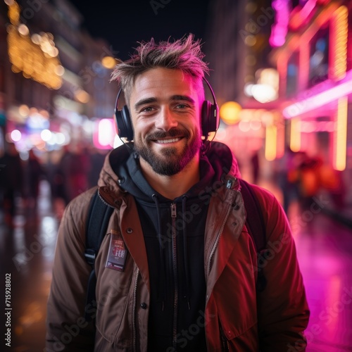 Portrait of Handsome Man Wearing Headphones Walking Through Night City Street Full of Neon Light. Smiling Stylish Man Listening to Music, Enjoying Podcast, Talk Show Generative AI