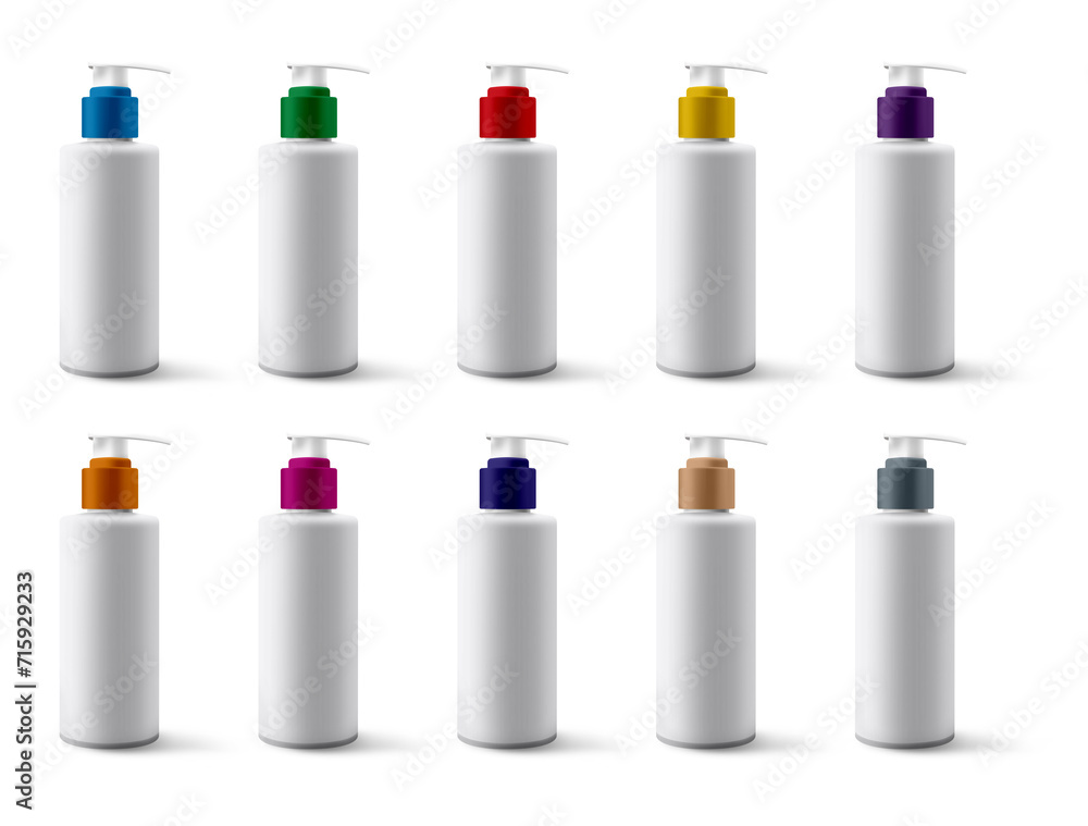 3D Illustration. Colored pump cosmetic tubes isolated. 3D Illustration. Colored pump cosmetic tubes isolated.