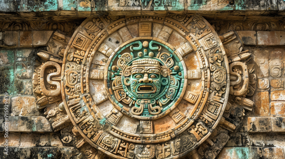 Detailed view of the ancient Mayan calendar stone carving.