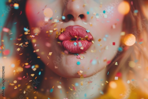 Woman Blowing Kiss with Confetti on Colorful Background © betterpick|Art
