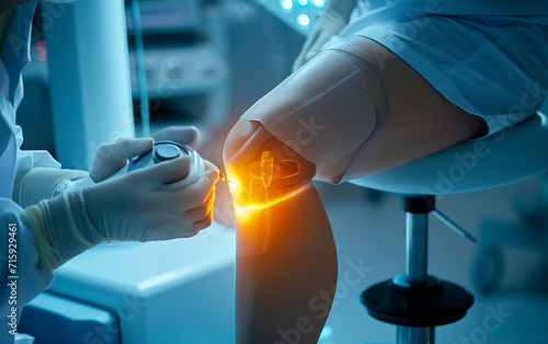  um joelho humano recebendo um tratamento a laser em alta. É envolvente e chama a atenção, o que o torna perfeito para publicidade