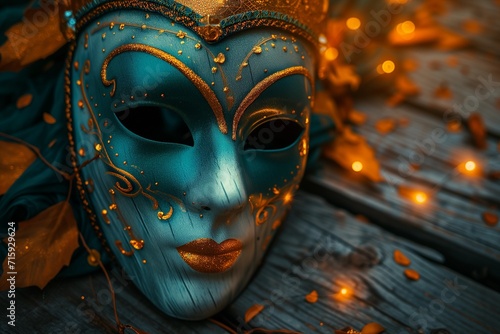 Autumnal Venetian Mask on Wooden Surface
