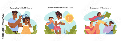Child development set. Analytical abilities, resolution strategies, and self-belief enrichment. Interactive scenarios for kids cognitive and confidence growth. Flat vector illustration
