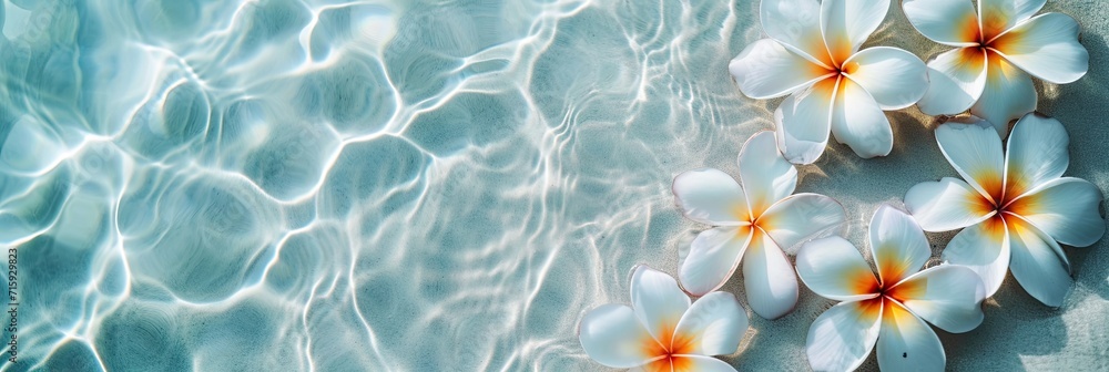 Fototapeta premium Floating Serenity: Frangipani Flowers on Transparent Ocean Waters