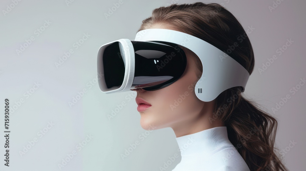 Woman wearing VR headset, side view, white background Woman wearing VR headset, side view, white background