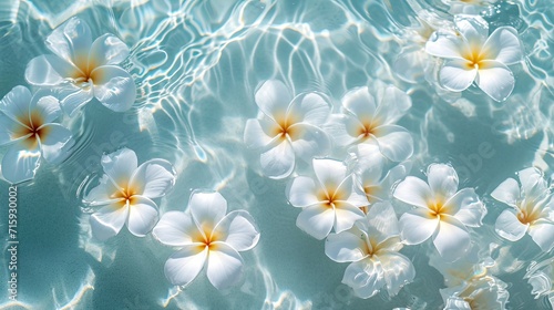 Floating Serenity: Frangipani Flowers on Transparent Ocean Waters