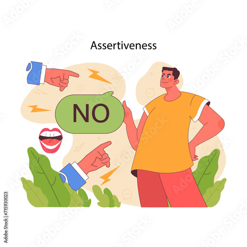 Assertiveness concept. Young man confidently expresses boundary with firm rejection to aggressive people pointing fingers. Importance of clear communication and self-respect. Flat vector illustration