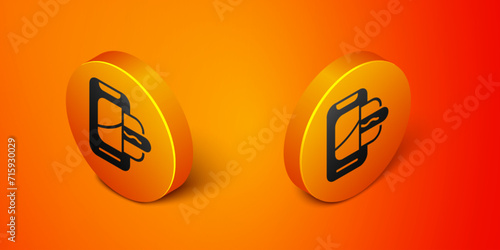 Isometric Food ordering on mobile icon isolated on orange background. Order by mobile phone. Restaurant food delivery concept. Orange circle button. Vector