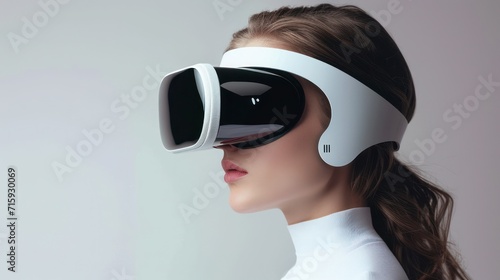 Woman wearing VR headset, side view, white background © DVS