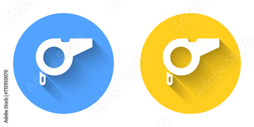 White Whistle icon isolated with long shadow background. Referee symbol. Fitness and sport sign. Circle button. Vector