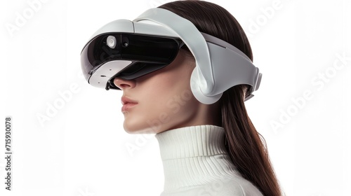 Woman wearing VR headset, side view, white background