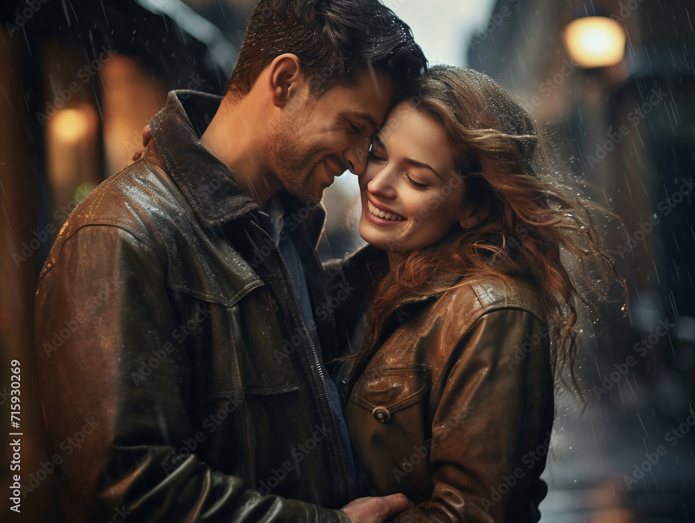 Cheerful young couple in love is enjoying in the rain.