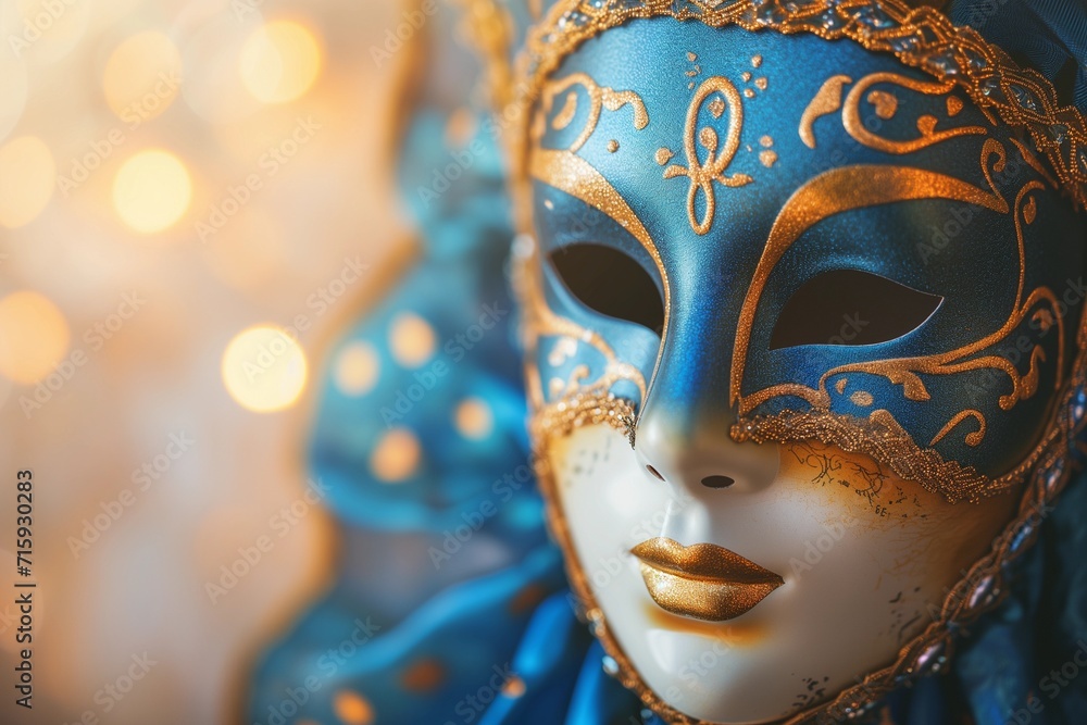 Venetian Mask in Blue and Gold with Bokeh Background