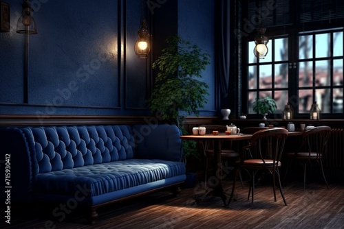 Cozy seating area in a dark blue adorned space  ideal for unwinding at a café or eatery. Imaginative 3D rendering. Generative AI © Ophelia