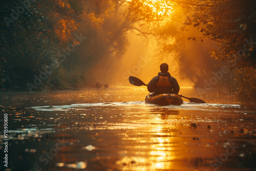 Back view of man kayaking on a lake.