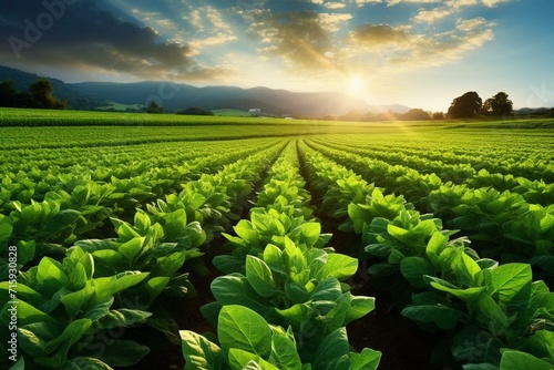 A sunlit field of growing crops symbolizing agriculture and the provision of sustenance. Generative AI photo