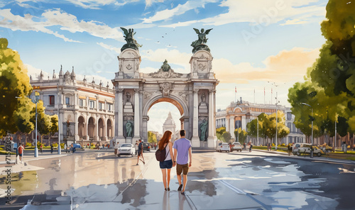 A romantic couple enjoys the Madrid central district