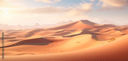 Mesmerizing sunlit sand dunes, creating undulating patterns in the desert breeze.