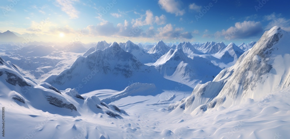 Mesmerizing sunlit snowfield glistening atop a remote and towering mountain.