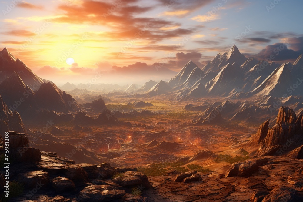 Mesmerizing Sunlit Valley Floor with Towering Mountains Beyond.