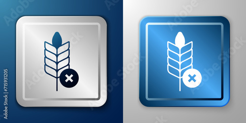 White Gluten free grain icon isolated on blue and grey background. No wheat sign. Food intolerance symbols. Silver and blue square button. Vector