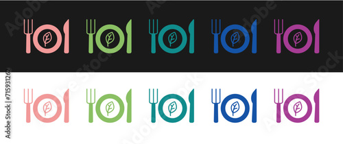 Set Vegan food diet icon isolated on black and white background. Organic, bio, eco symbol. Vegan, no meat, lactose free, healthy, fresh and nonviolent food. Vector