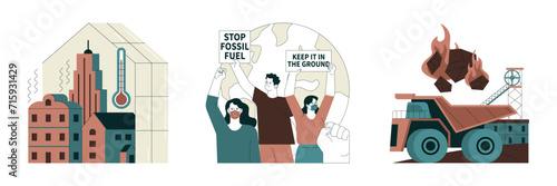 Fossil fuel set. Fossil resources extraction and its impact on climate change. Reliance on non-renewable energy sources. Earth raw materials depletion. Flat vector illustration