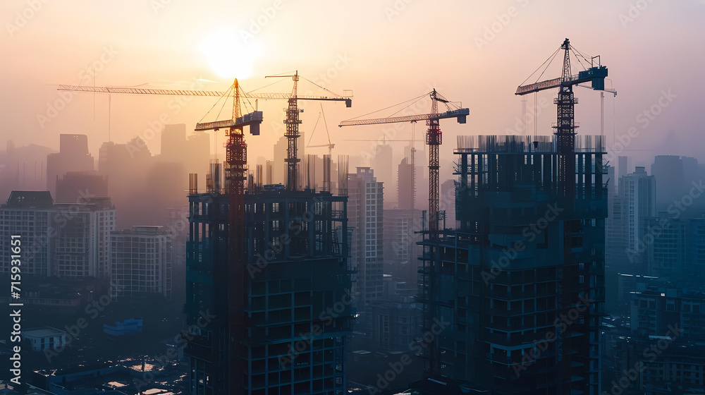 Cranes in Action on Large-Scale Building Complex Site Cranes in Action on Large-Scale Building Complex Site