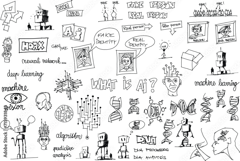 hand drawn architectural sketches of artificial intelligence topics and robots and IT identity and DNA analysis by AI