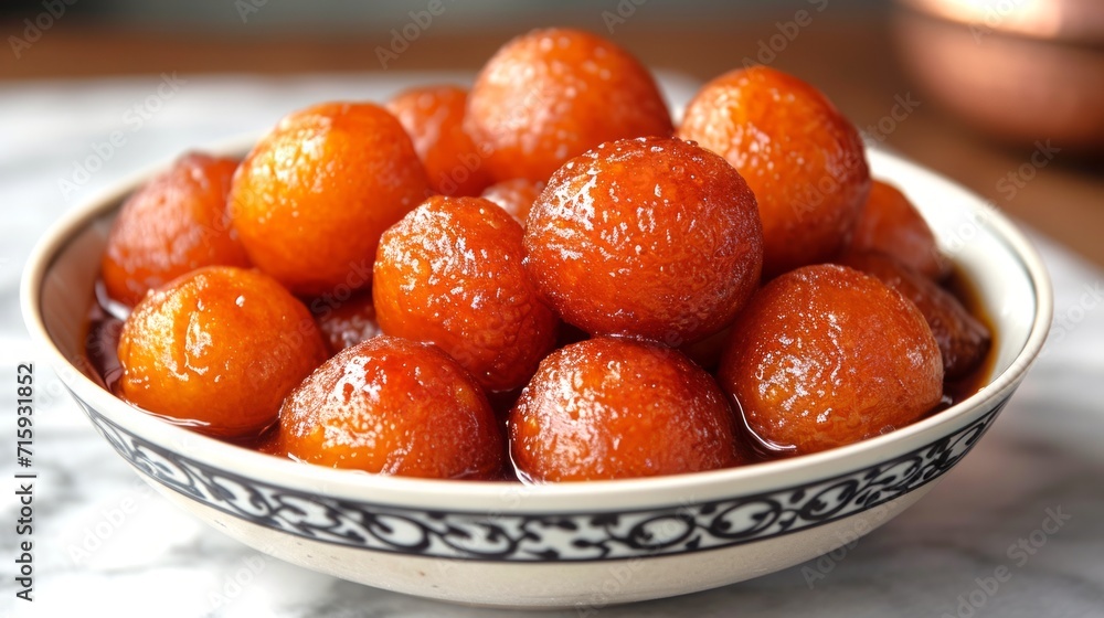 Eastern sweets Gulab Jamun on a plate, showcasing the shiny, sticky surface of the deep-fried, syrup-soaked dough balls. Delicious traditional Indian dessert Eastern sweets Gulab Jamun on a plate, showcasing the shiny, sticky surface of the deep-fried, syrup-soaked dough balls. Delicious traditional Indian dessert
