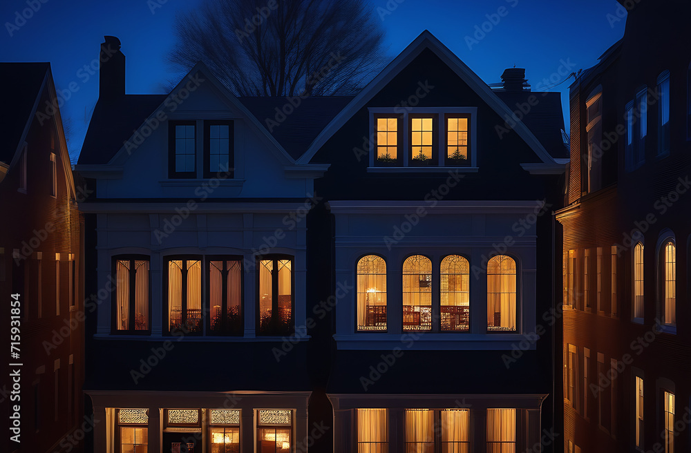 Earth Hour moment. Glow of candle-lit windows in a residential neighborhood, symbolizing a collective commitment to energy conservation and environmental stewardship