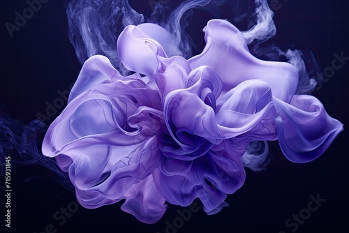pastel blue purple liquid surface with fabric texture drapery flower. transparent abstract wavy spot levitating on a dark background.