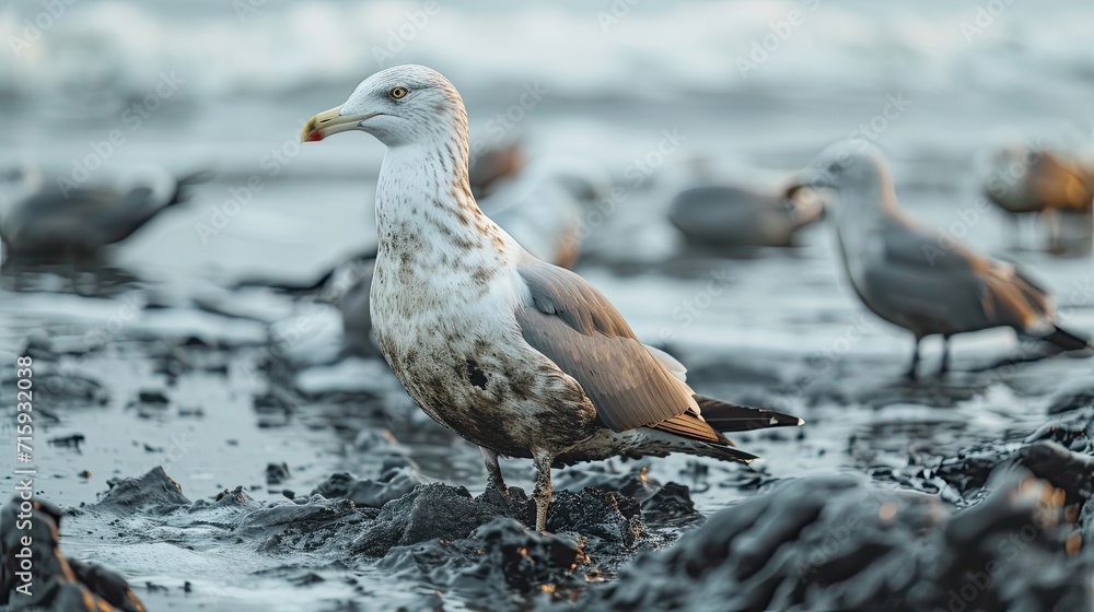 Dirty seagull with remains of oil and petroleum, concept of ecological disaster, fuel spill into the sea. Dirty seagull with remains of oil and petroleum, concept of ecological disaster, fuel spill into the sea.