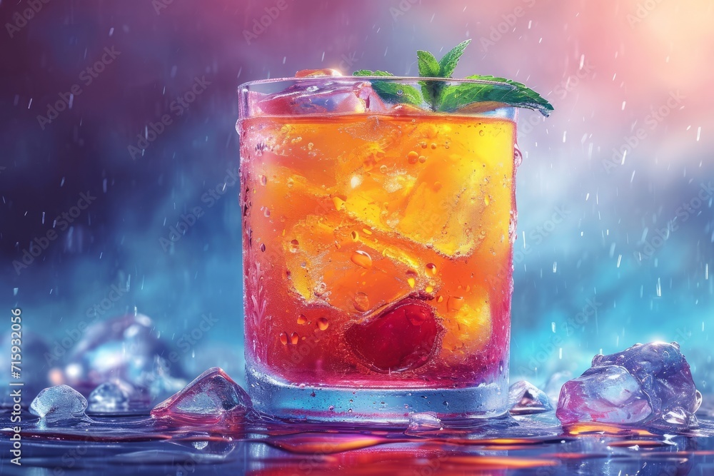 Glass of Sherbet, a traditional oriental sweet drink, with vibrant colors and served with ice, showing the condensation on the glass. Glass of Sherbet, a traditional oriental sweet drink, with vibrant colors and served with ice, showing the condensation on the glass.