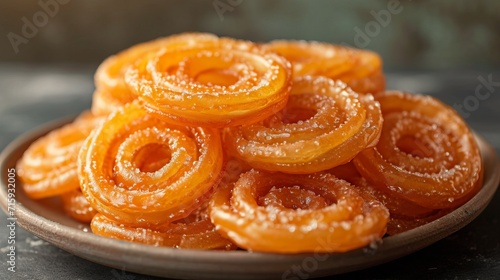 Jalebi coated in sugar syrup, traditional Indian sweet dish. Delicious oriental sweets. Concept of Indian cuisine, Dessert, Traditional food